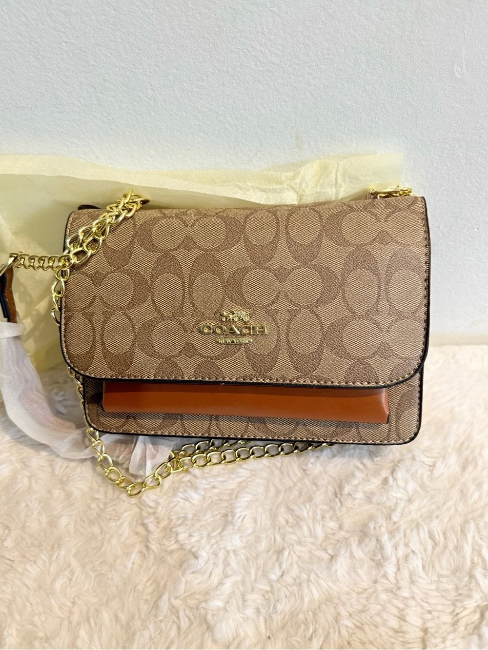 Coach Tan Signature Canvas Crossbody with Gold Chain